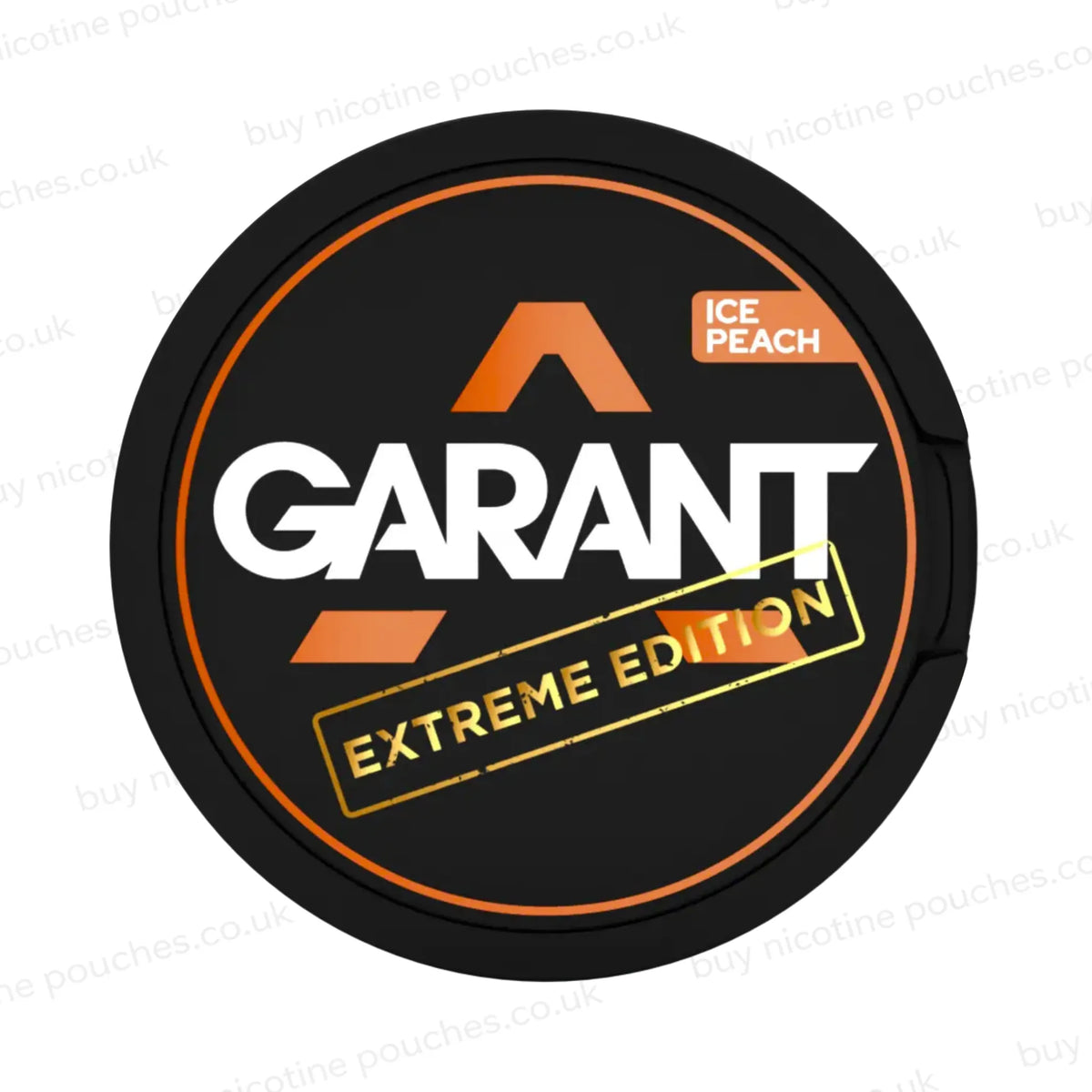 Black nicotine pouch container with peach, white and gold 'GARANT EXTREME EDITION ICE PEACH' branding on a white background.