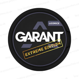 Black nicotine pouch container with grey, white and gold 'GARANT EXTREME EDITION LIQUORICE' branding on a white background.
