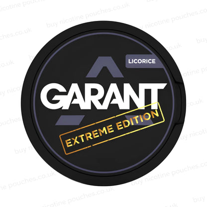 Black nicotine pouch container with grey, white and gold 'GARANT EXTREME EDITION LIQUORICE' branding on a white background.