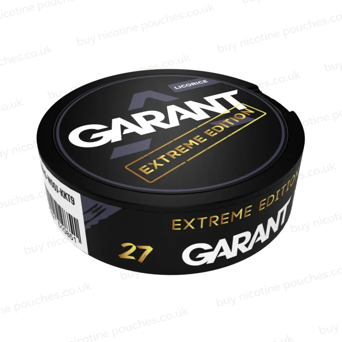 Angled shot of a black nicotine pouch container with grey, white and gold 'GARANT EXTREME EDITION LIQUORICE' branding on a white background.