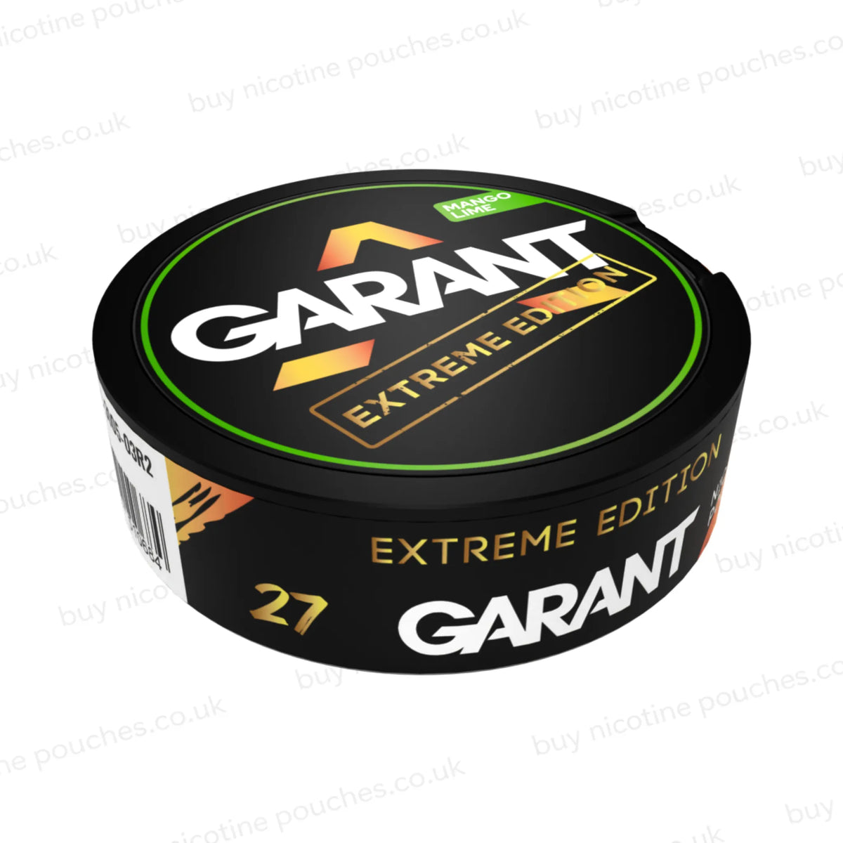 Angled shot of a black nicotine pouch container with green, white and gold 'GARANT EXTREME EDITION MANGO LIME' branding on a white background.