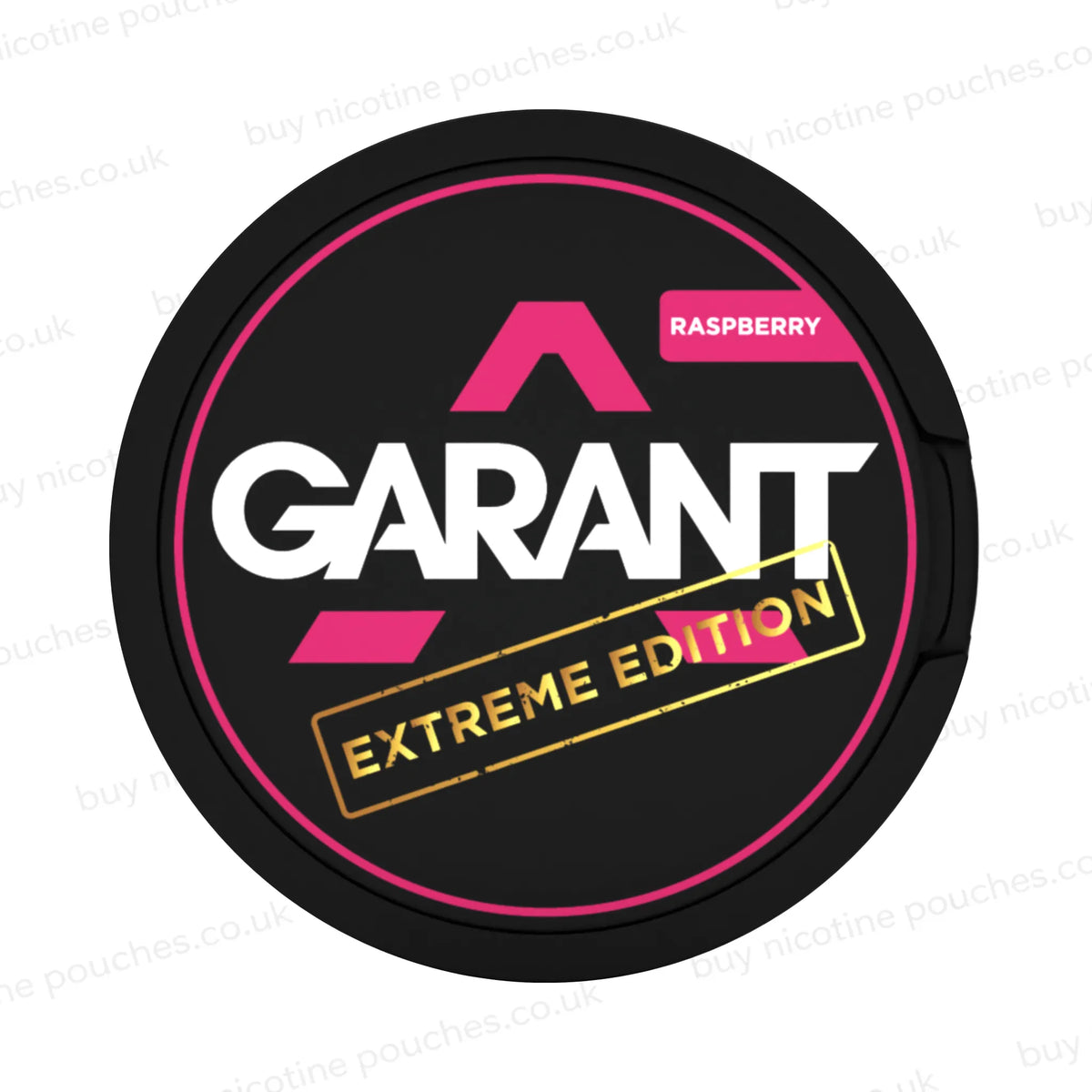 Black nicotine pouch container with fuschia, white and gold 'GARANT EXTREME EDITION RASPBERRY' branding on a white background.