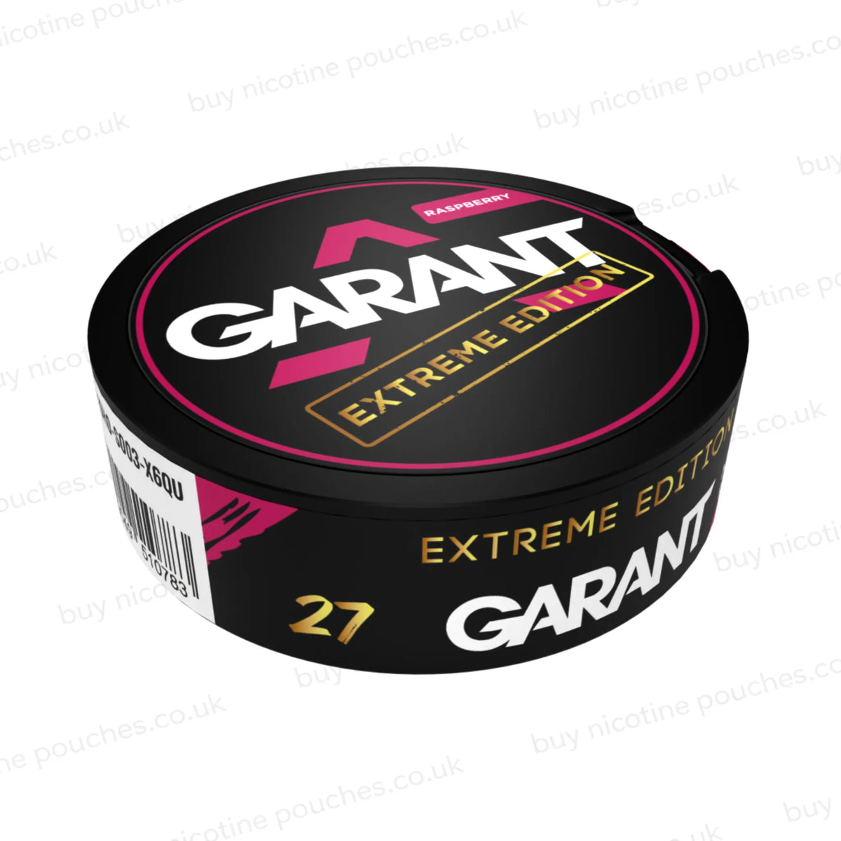 Angled shot of a black nicotine pouch container with fuschia, white and gold 'GARANT EXTREME EDITION RASPBERRY' branding on a white background.