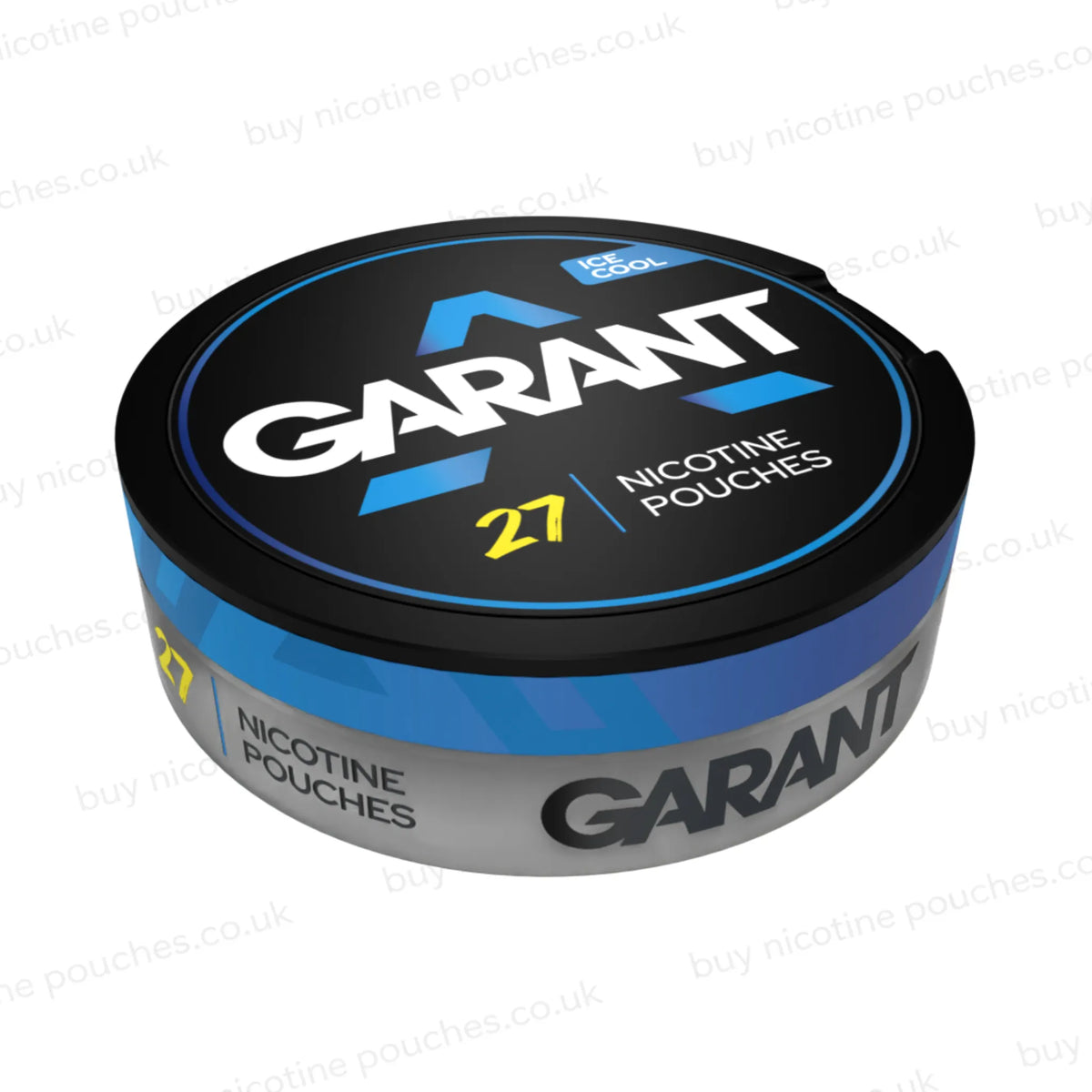 Angled shot of a black nicotine pouch container with white and blue GARANT ICE COOL branding on a white background.