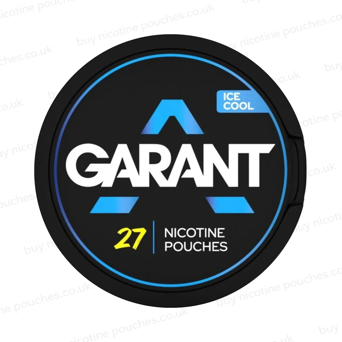 Black nicotine pouch container with white and blue GARANT ICE COOL branding on a white background.