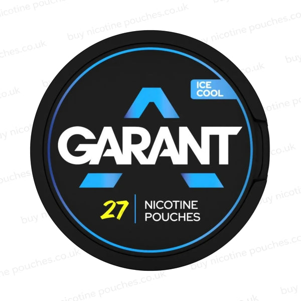 Black nicotine pouch container with white and blue GARANT ICE COOL branding on a white background.