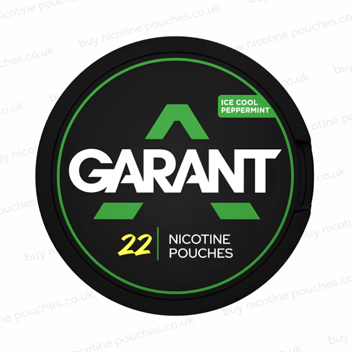 A round black can of Garant Nicotine Pouches in Ice Cool Peppermint flavor, shown against a white background with faint diagonal watermarks.