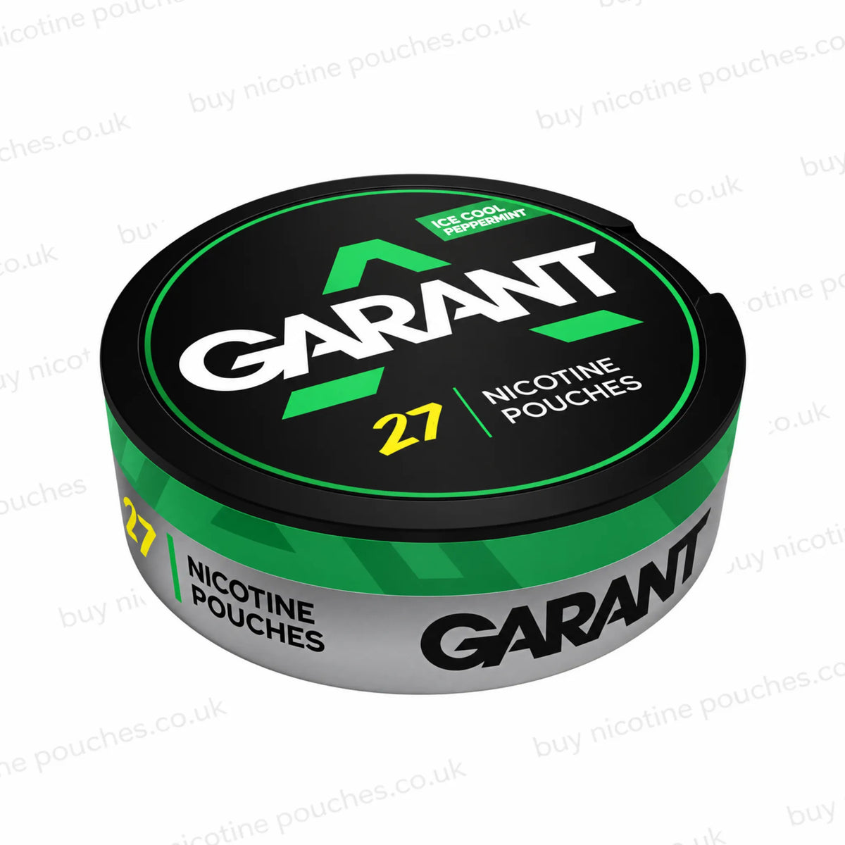 Angled shot of a round black can of Garant Nicotine Pouches in Ice Cool Peppermint flavor, shown against a white background with faint diagonal watermarks.
