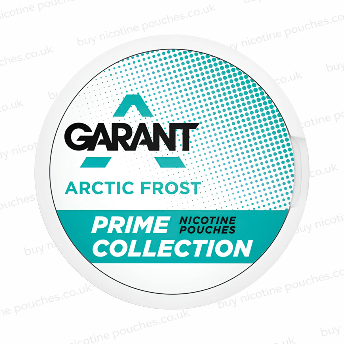 A round tub of Garant Arctic Frost Prime Collection nicotine pouches, featuring a white and teal design with a halftone pattern and black brand logo.