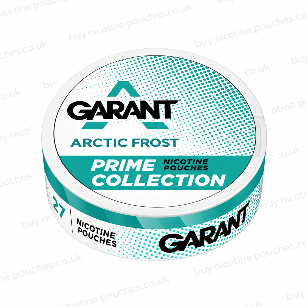 Angled shot of a round tub of Garant Arctic Frost Prime Collection nicotine pouches, featuring a white and teal design with a halftone pattern and black brand logo.