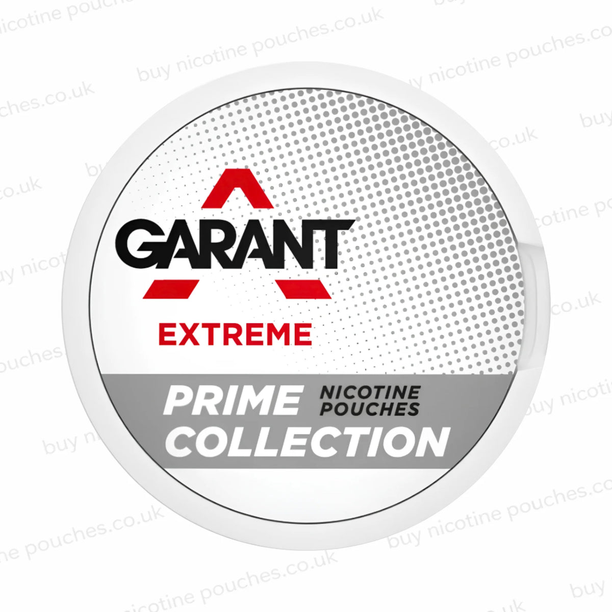 White nicotine pouch tub with red and grey GARANT EXTREME PRIME COLLECTION branding on a white watermarked background.