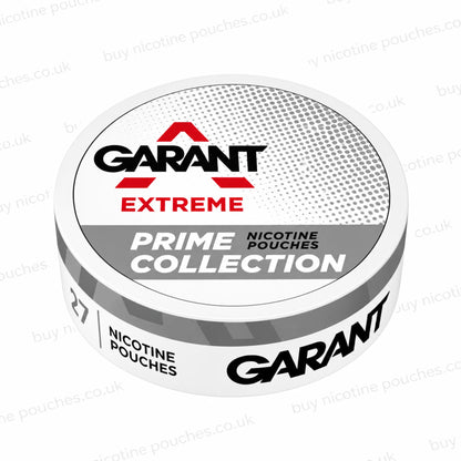 Angled shot of a white nicotine pouch tub with red and grey GARANT EXTREME PRIME COLLECTION branding on a white watermarked background.