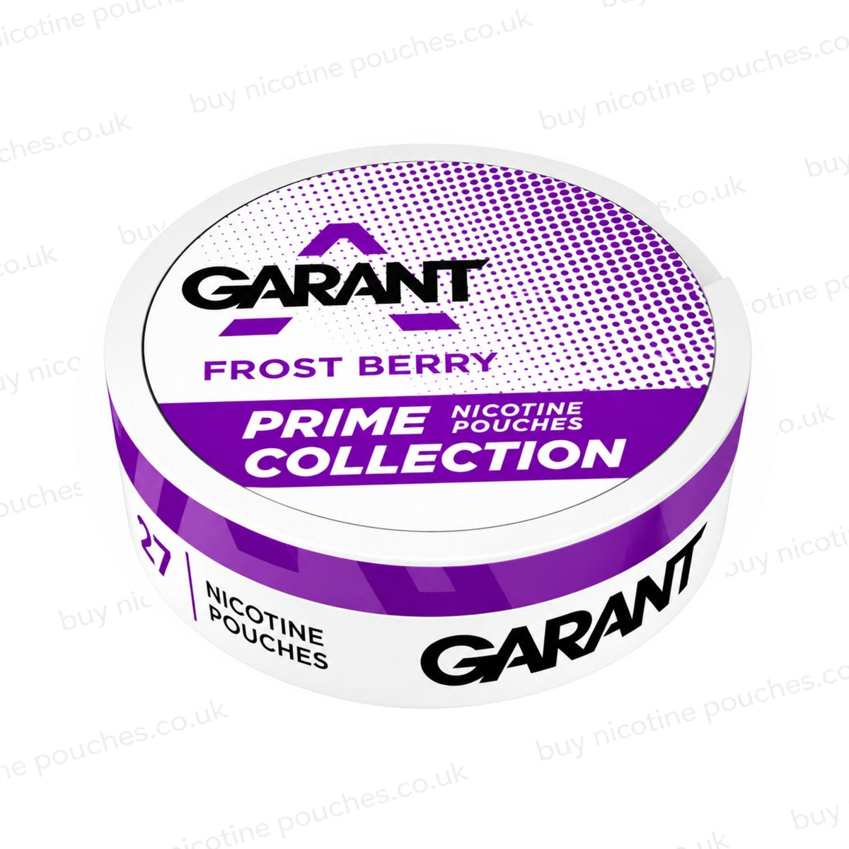 Angled shot of a white nicotine pouch container with purple 'GARANT PRIME COLLECTION FROST BERRY' branding on a white background.