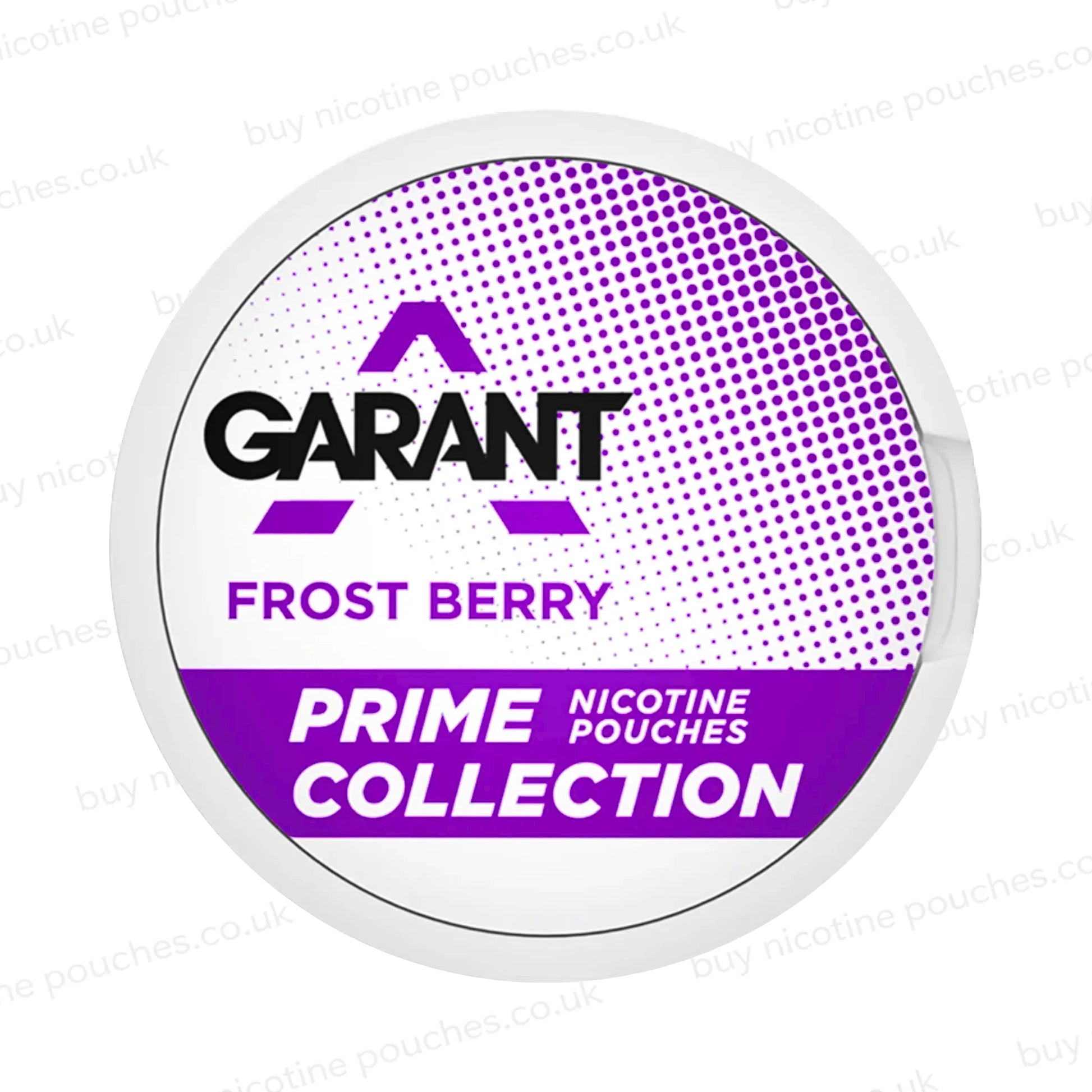 A round nicotine pouch can from the Garant Prime Collection in Frost Berry flavor. The packaging features a white and purple design with a halftone pattern and black brand text.