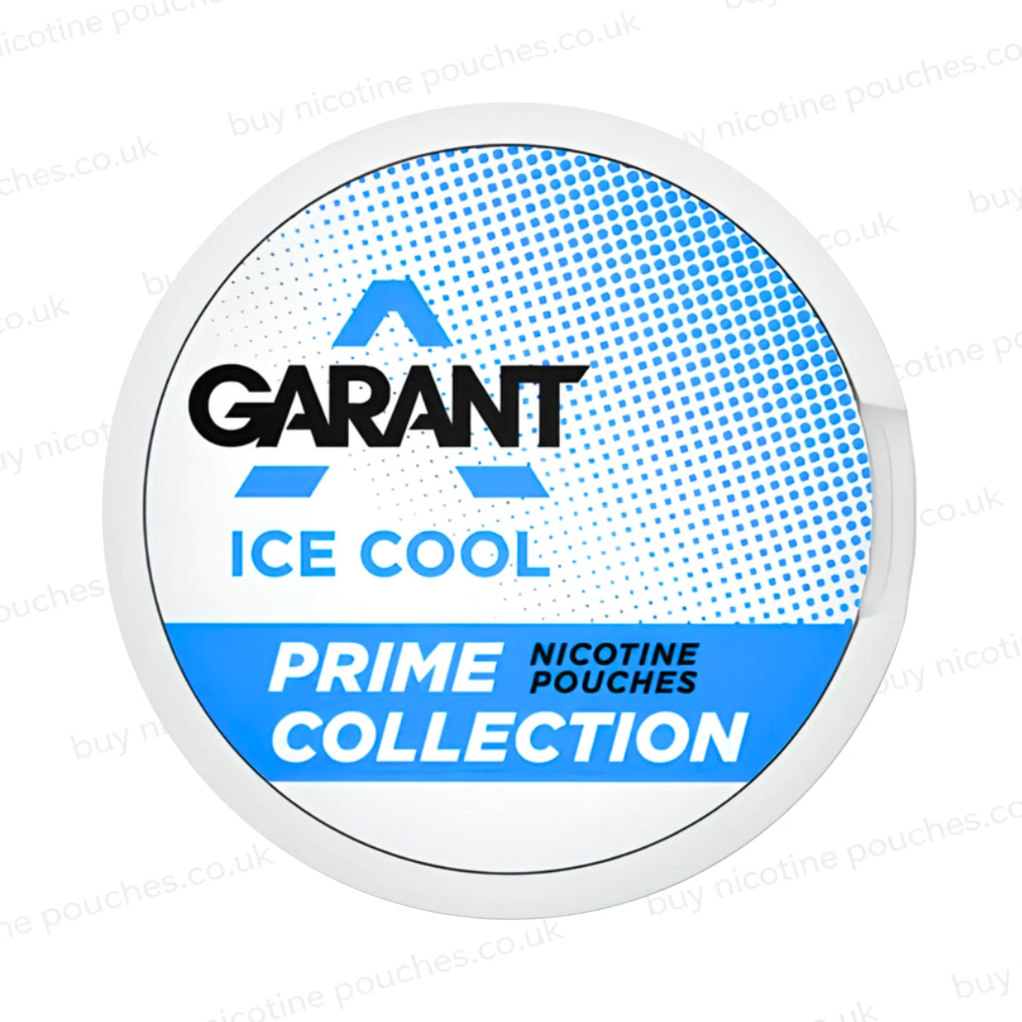 A round white container lid for Garant Ice Cool Prime Collection nicotine pouches, featuring a blue and white halftone pattern with black and blue branding text.