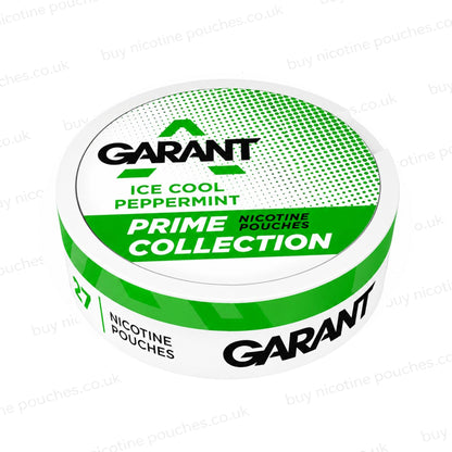 A round can of Garant Prime Collection Ice Cool Peppermint nicotine pouches, featuring a white and green label with black brand text, shown on a white background with faint watermarks.