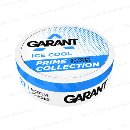 A round tin of Garant Ice Cool Prime Collection nicotine pouches, featuring a white and blue design with black brand lettering, shown on a white background with faint watermarks.