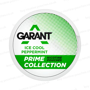 A round white and green can of Garant Nicotine Pouches in the Ice Cool Peppermint flavor, with a white outer rim, shown on a white background with faint watermarks.
