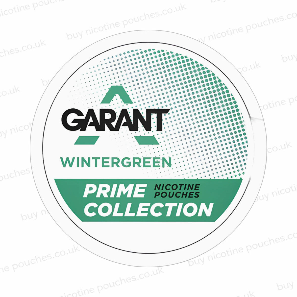 White nicotine pouch can with green and black GARANT WINTERGREEN PRIME COLLECTION branding on a white, watermarked background.
