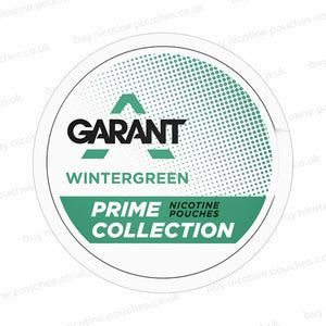 White nicotine pouch can with green and black GARANT WINTERGREEN PRIME COLLECTION branding on a white, watermarked background.