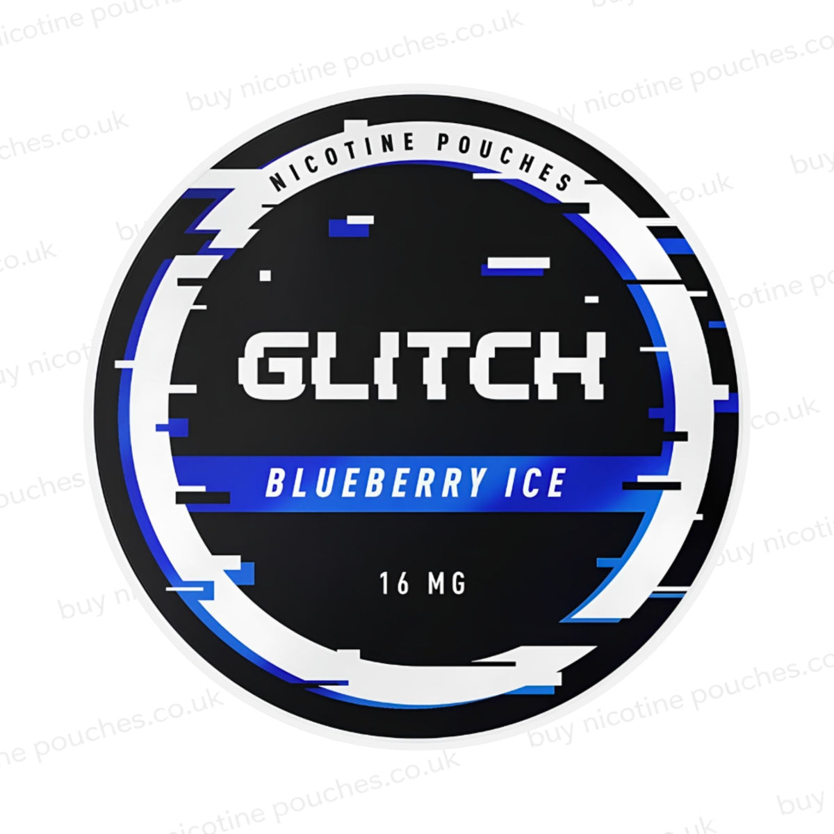 Nicotine pouch container with black, white and blue 'Glitch Blueberry Ice Nicotine Pouches' glitchy branding on a white background.