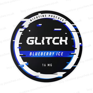 Nicotine pouch container with black, white and blue 'Glitch Blueberry Ice Nicotine Pouches' glitchy branding on a white background.
