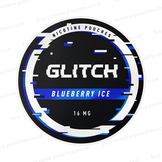 Nicotine pouch container with black, white and blue 'Glitch Blueberry Ice Nicotine Pouches' glitchy branding on a white background.