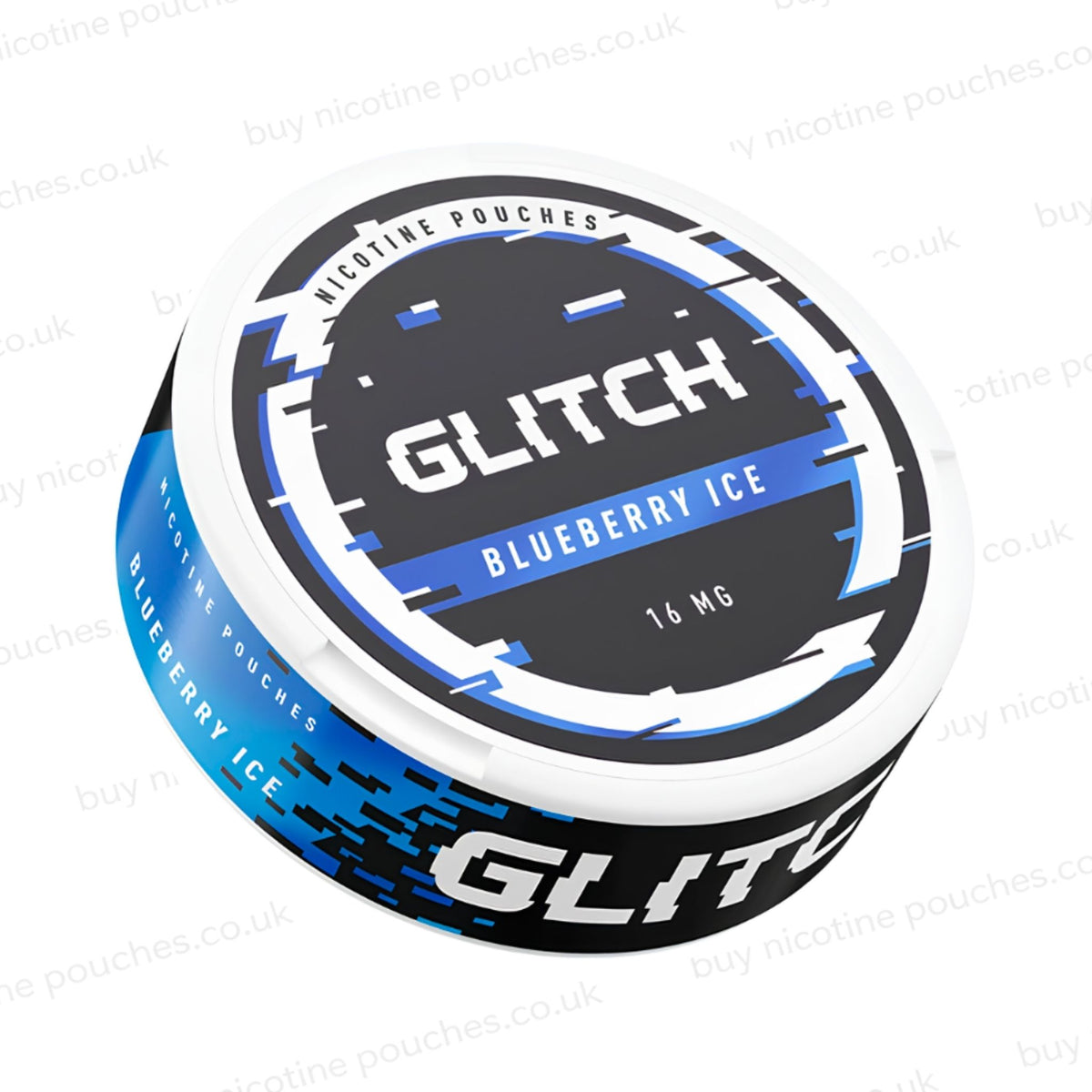 Angled shot of a nicotine pouch container with black, white and blue 'Glitch Blueberry Ice Nicotine Pouches' glitchy branding on a white background.
