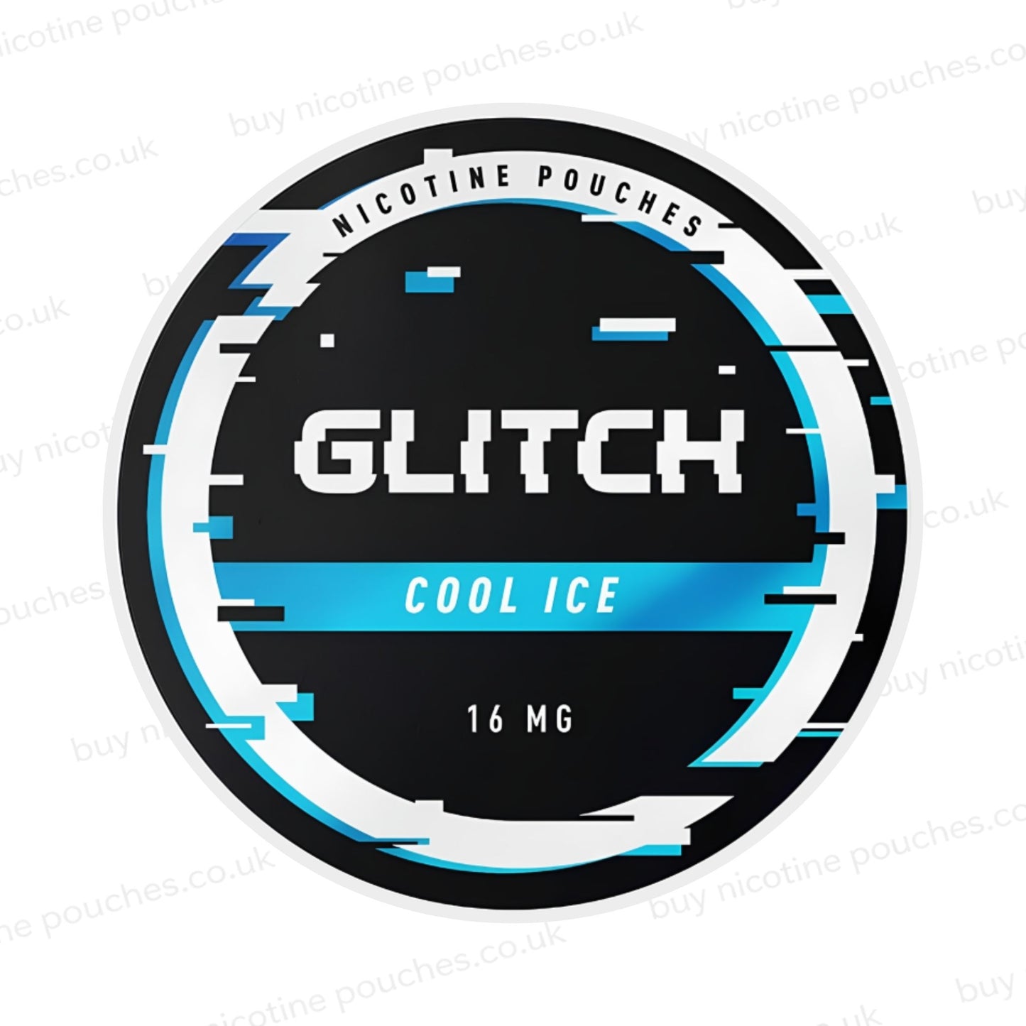 Nicotine pouch container with black, white and light-blue 'Glitch Cool Ice Nicotine Pouches' glitchy branding on a white background.
