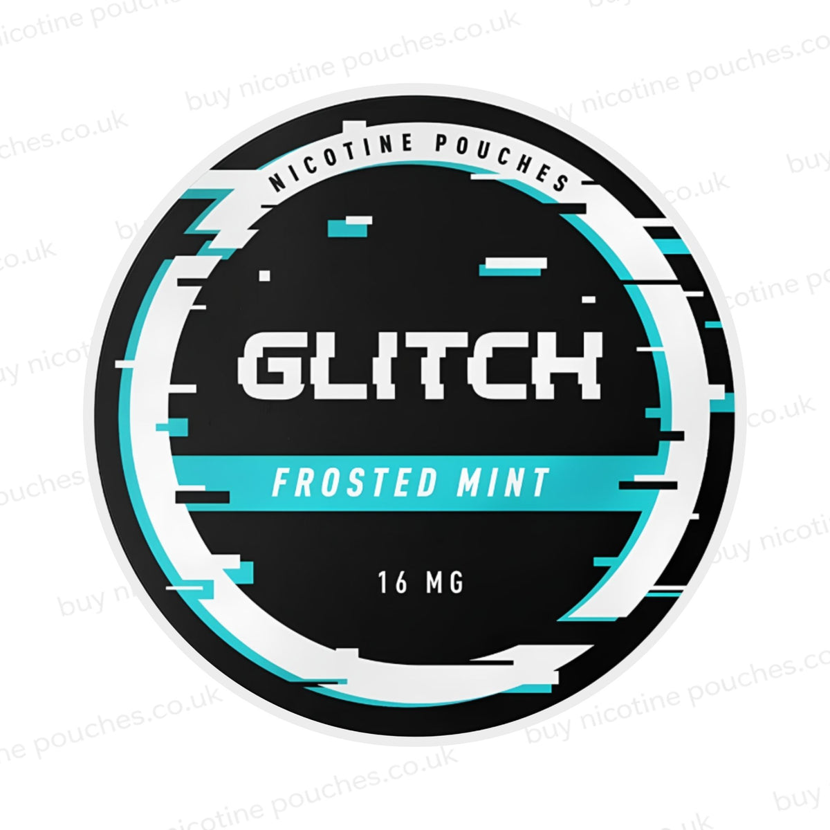 Nicotine pouch container with black, white and cyan 'Glitch Frosted Mint Nicotine Pouches' glitchy branding on a white background.
