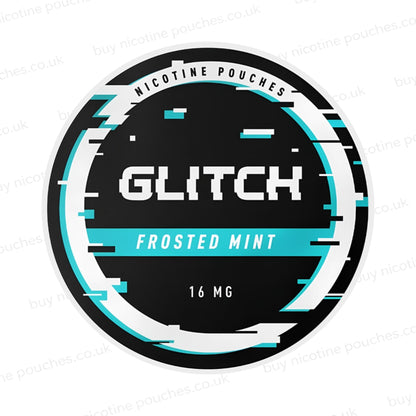 Nicotine pouch container with black, white and cyan 'Glitch Frosted Mint Nicotine Pouches' glitchy branding on a white background.