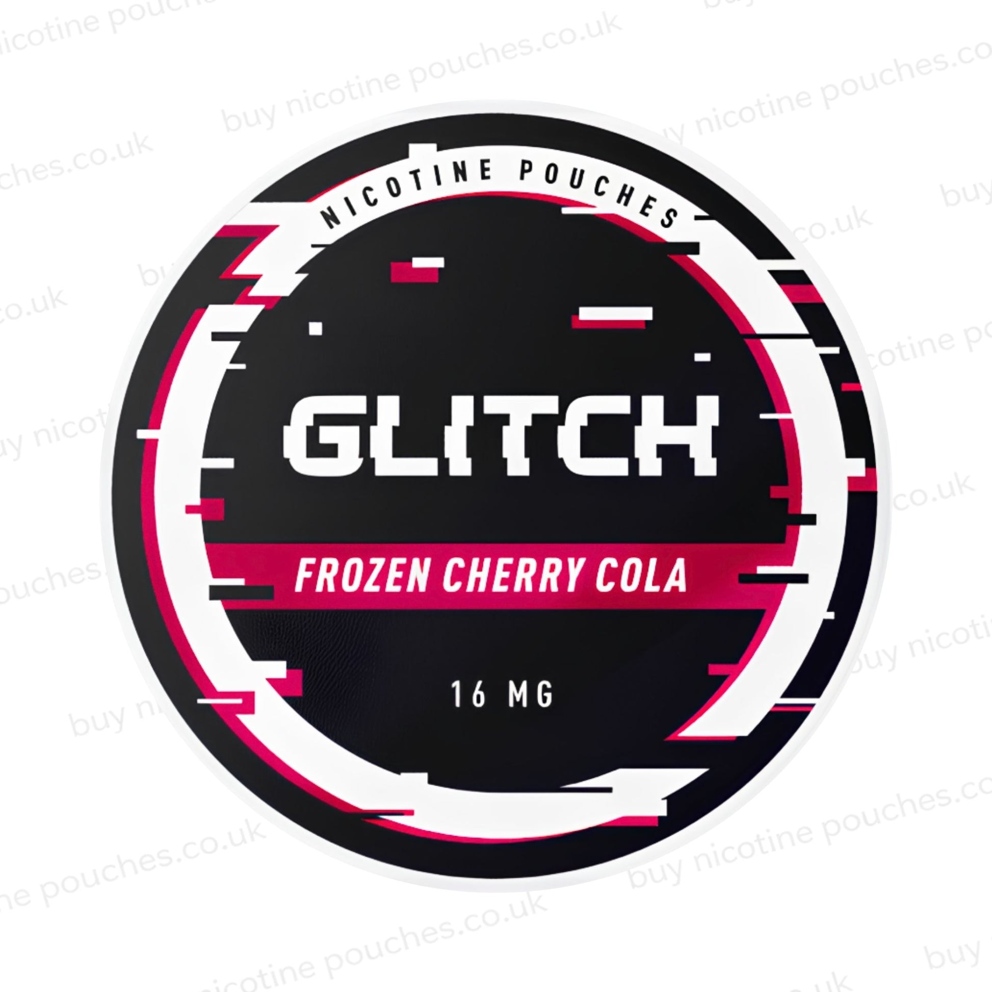 Nicotine pouch container with black, white and dark red 'Glitch Frozen Cherry Cola Nicotine Pouches' glitchy branding on a white background.