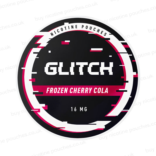 Nicotine pouch container with black, white and dark red 'Glitch Frozen Cherry Cola Nicotine Pouches' glitchy branding on a white background.