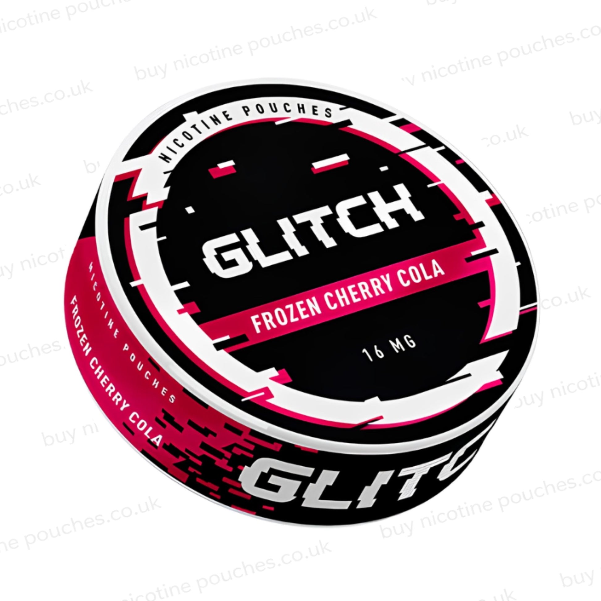Angled shot of a nicotine pouch container with black, white and dark red 'Glitch Frozen Cherry Cola Nicotine Pouches' glitchy branding on a white background.