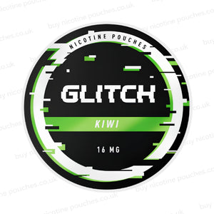 Nicotine pouch container with black, white and green 'Glitch Kiwi Nicotine Pouches' glitchy branding on a white background.
