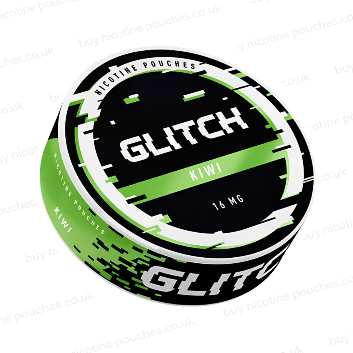 Angled shot of a nicotine pouch container with black, white and green 'Glitch Kiwi Nicotine Pouches' glitchy branding on a white background.