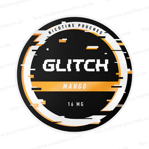 Nicotine pouch container with black, white and orange 'Glitch Mango Nicotine Pouches' glitchy branding on a white background.