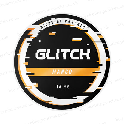 Nicotine pouch container with black, white and orange 'Glitch Mango Nicotine Pouches' glitchy branding on a white background.