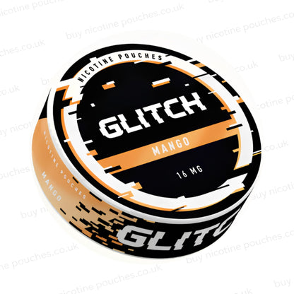 Angled shot of a nicotine pouch container with black, white and orange 'Glitch Mango Nicotine Pouches' glitchy branding on a white background.