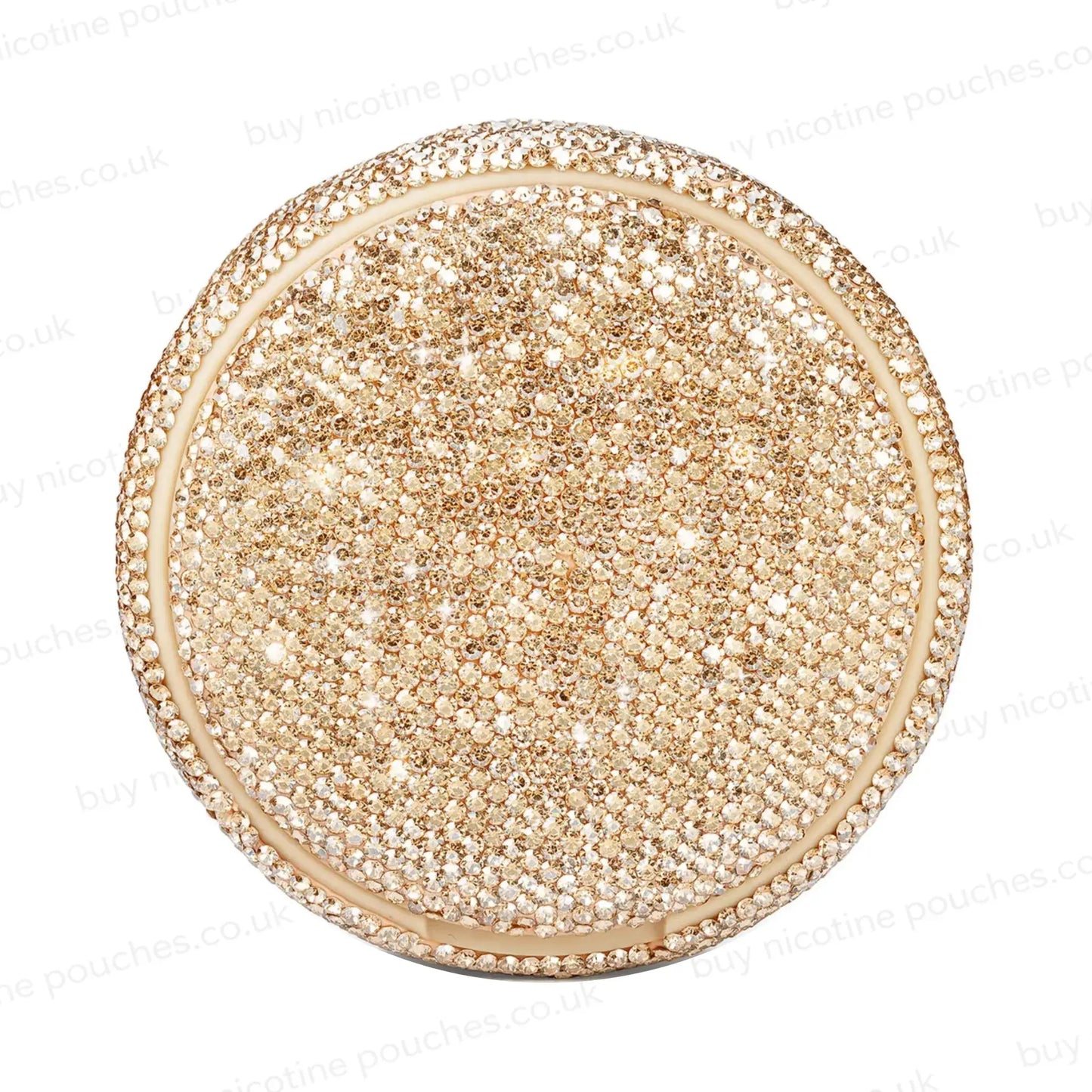 Product photo of a gold nicotine pouch tub covered in rhinestones.