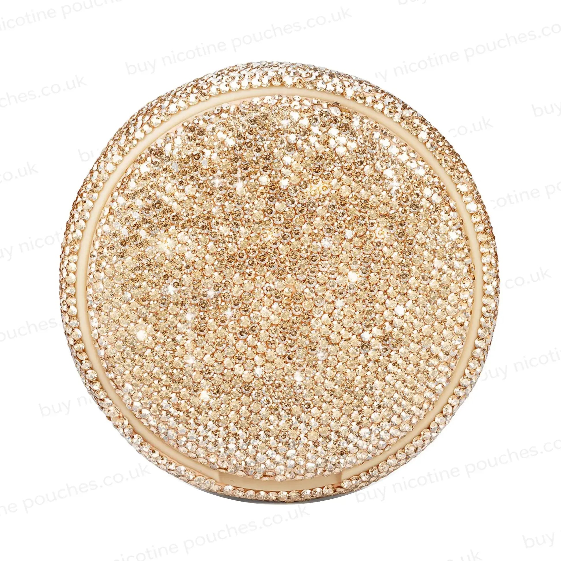Product photo of a gold nicotine pouch tub covered in rhinestones.