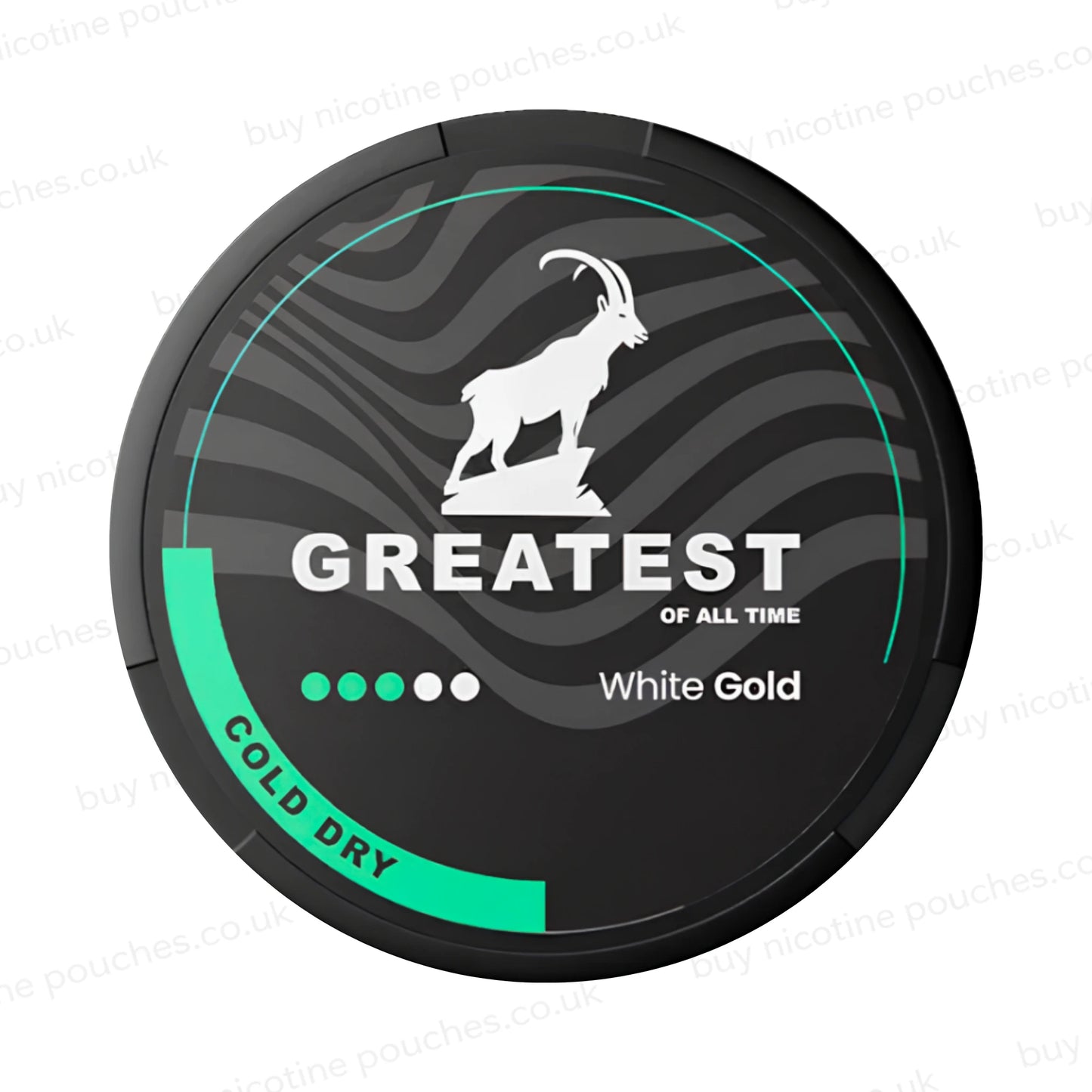 Black nicotine pouch container with Greatest Cold Dry branding on a white background.