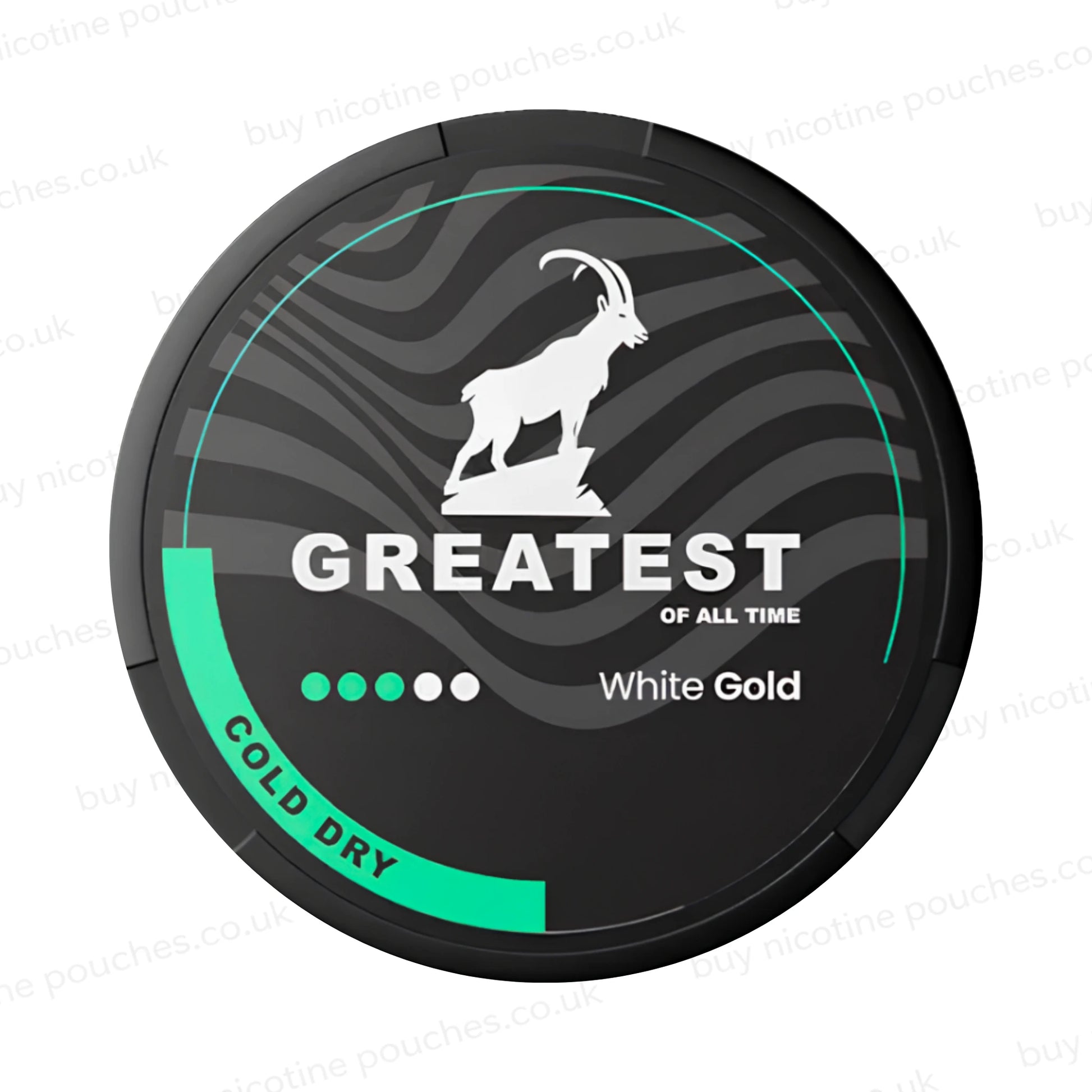 Black nicotine pouch container with Greatest Cold Dry branding on a white background.
