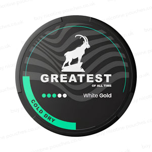 Black nicotine pouch container with Greatest Cold Dry branding on a white background.