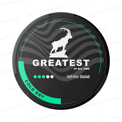 Black nicotine pouch container with Greatest Cold Dry branding on a white background.