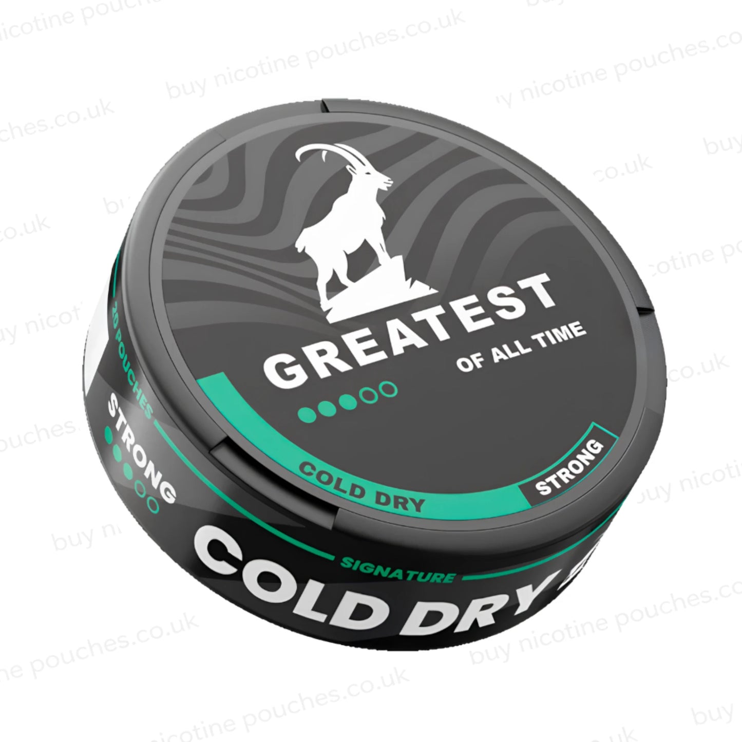 Angled shot of a black nicotine pouch container with Greatest Cold Dry branding on a white background.