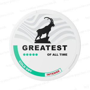 White nicotine pouch container with Greatest Cold Dry Intense branding on a white background.