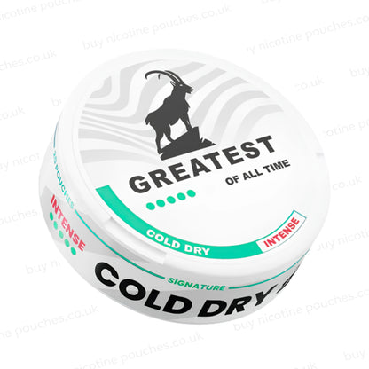 Angled shot of a white nicotine pouch container with Greatest Cold Dry Intense branding on a white background.