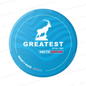 Blue nicotine pouch container with GREATEST Frosty Rage branding with a goat logo on a white background.