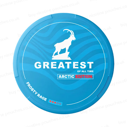 Blue nicotine pouch container with GREATEST Frosty Rage branding with a goat logo on a white background.